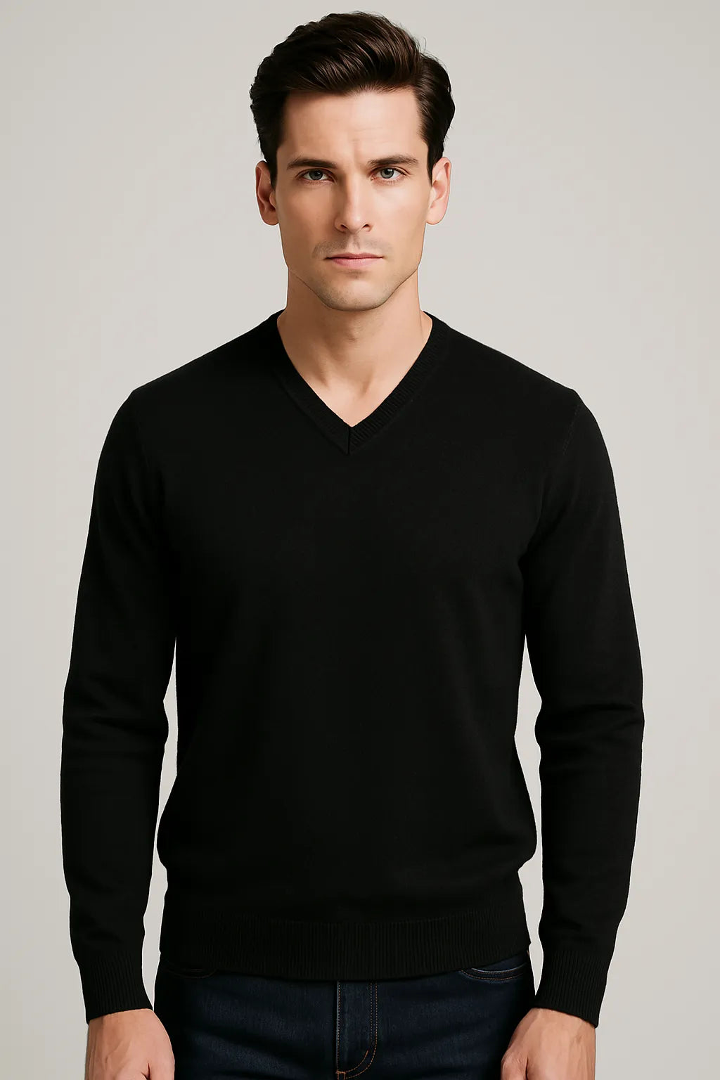Men's Relaxed Fit V-Neck Cashmere Jumper Turnback Cuffs Black