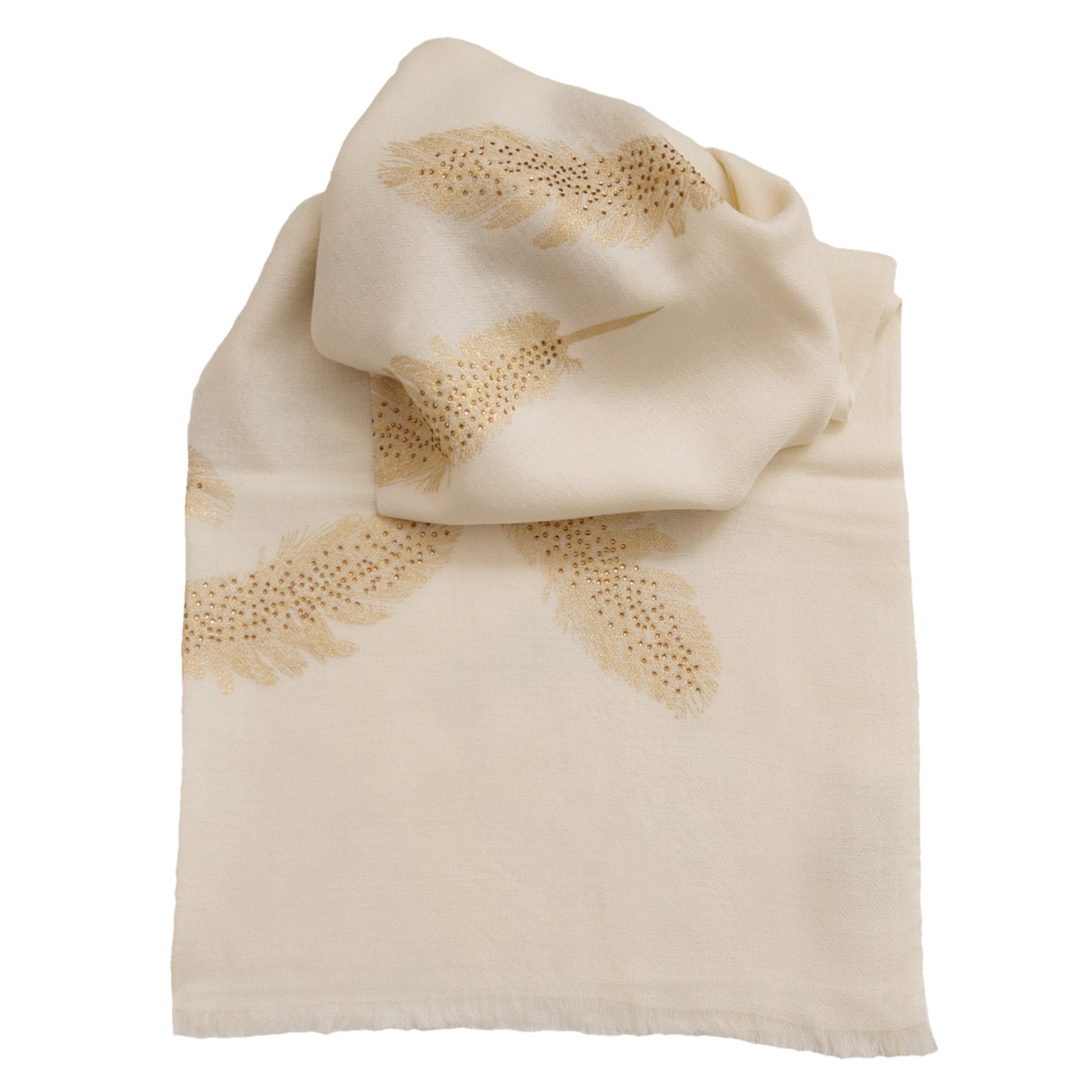 Cream Large Pashmina Stole with Feathers and Beads