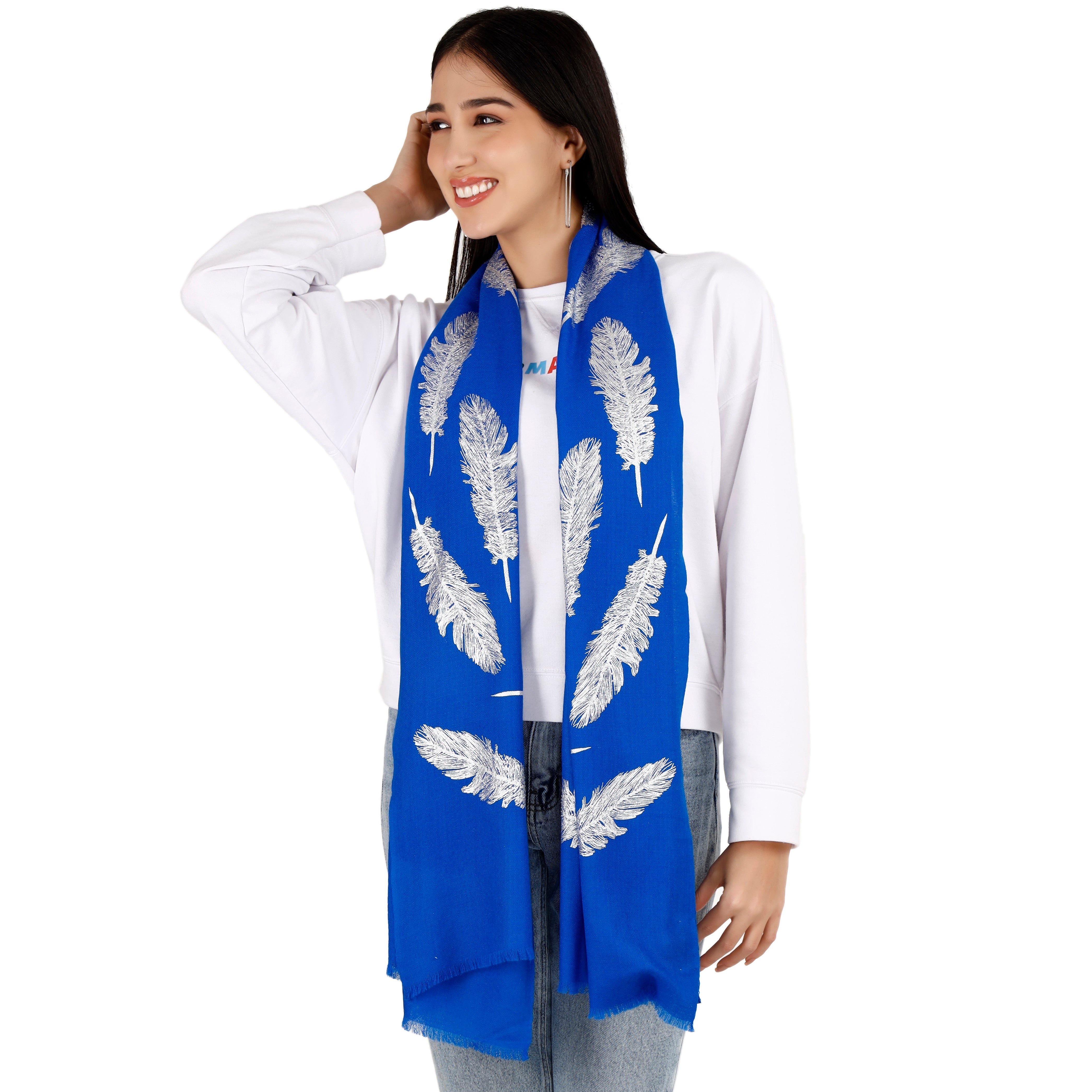 Blue Pashmina Stole with Feathers and Beads