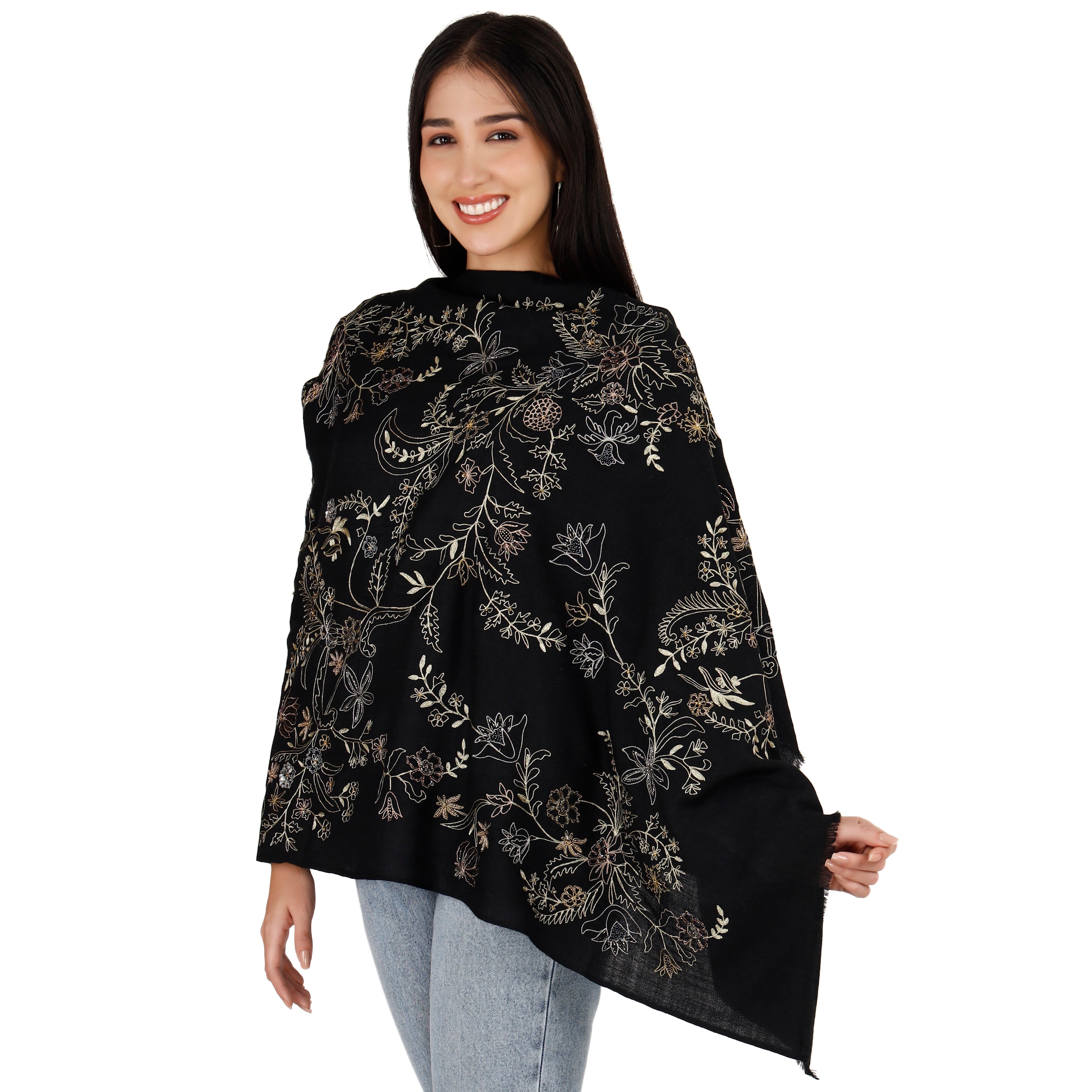 Large Luxury Cashmere Shawl with Shiny Thread Embroidery