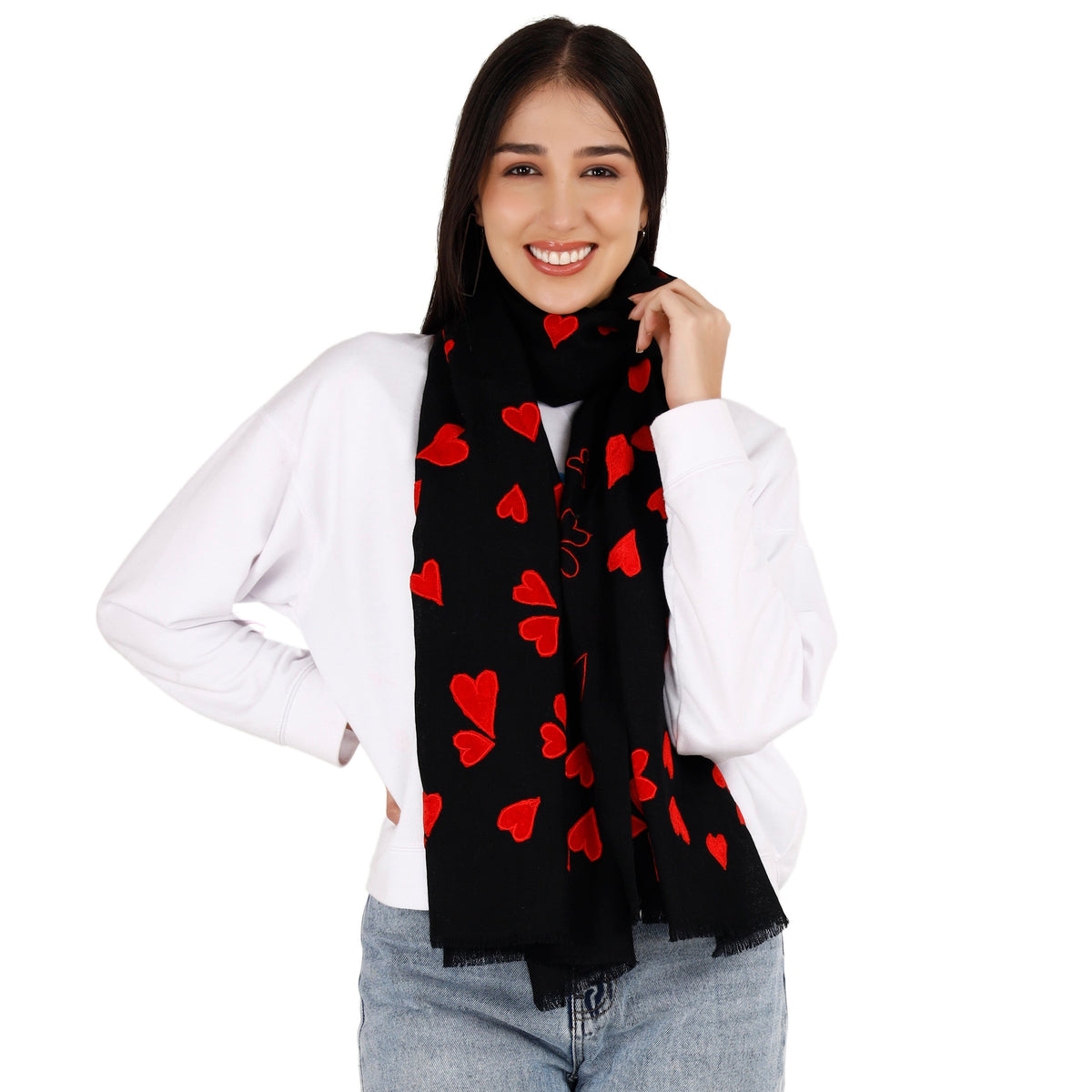 Black Pashmina Stole with Red Velvet Hearts