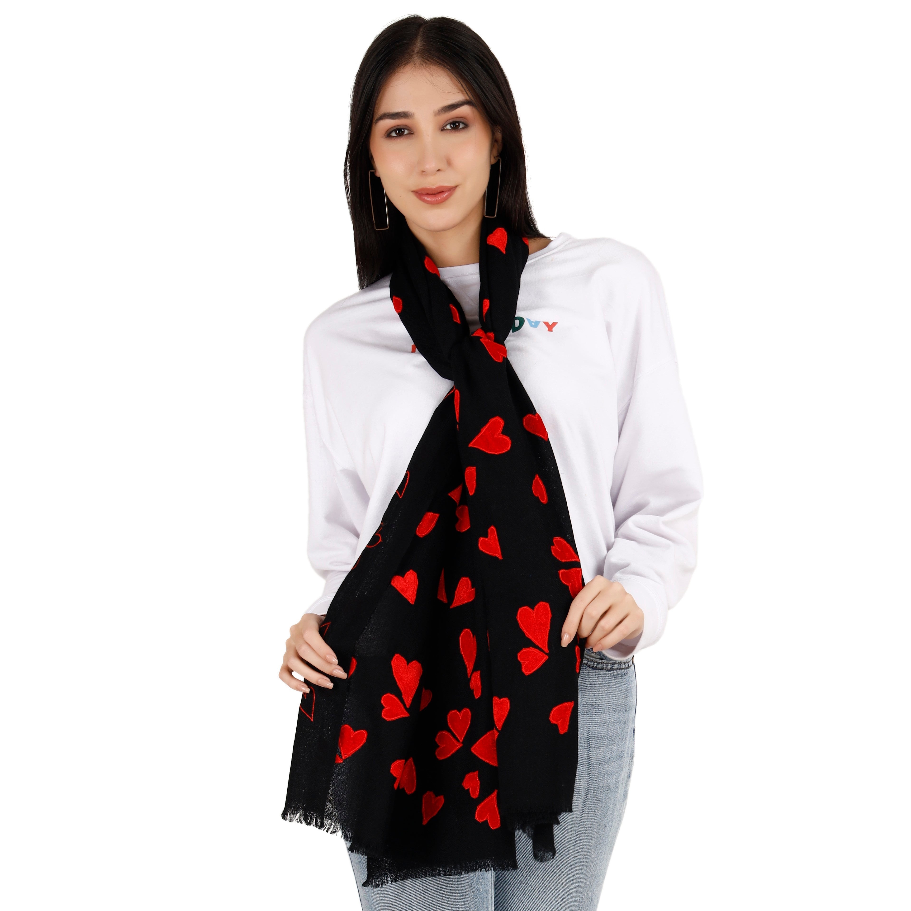 Black Pashmina Stole with Red Velvet Hearts
