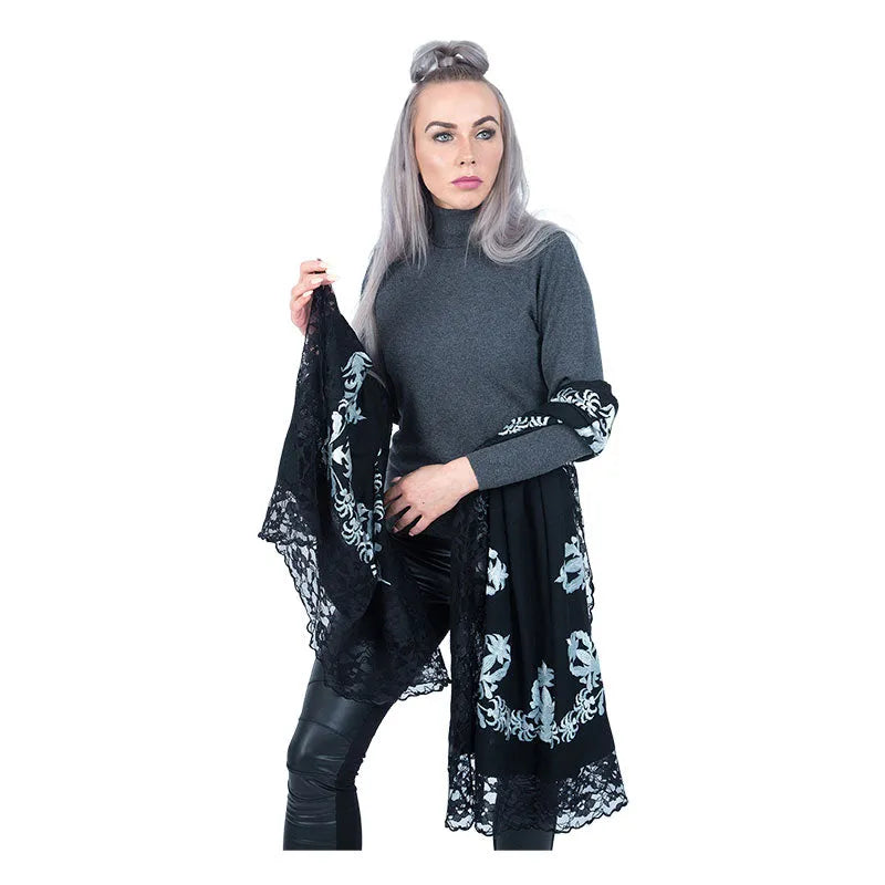 Black Embroidered Pashmina Cashmere Shawl - TCG London