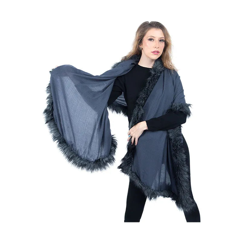 Cashmere Pashmina Shawl 100 Pure with Fur Trim TCG London