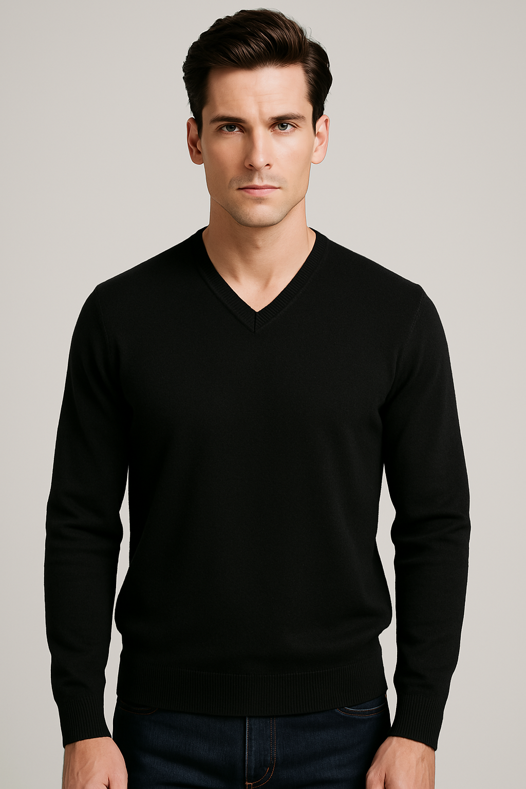 Relaxed Fit Cashmere V-Neck Jumper With Turnback Cuffs