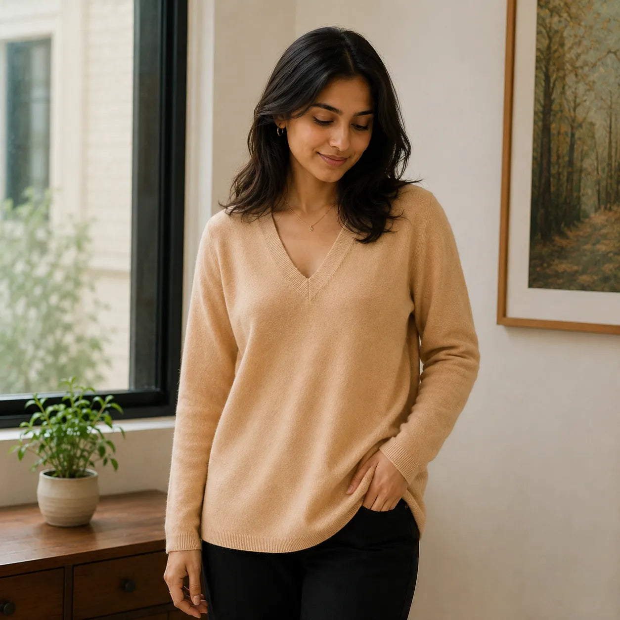 Loose Fit Cashmere V-Neck Long Tunic - TCG London