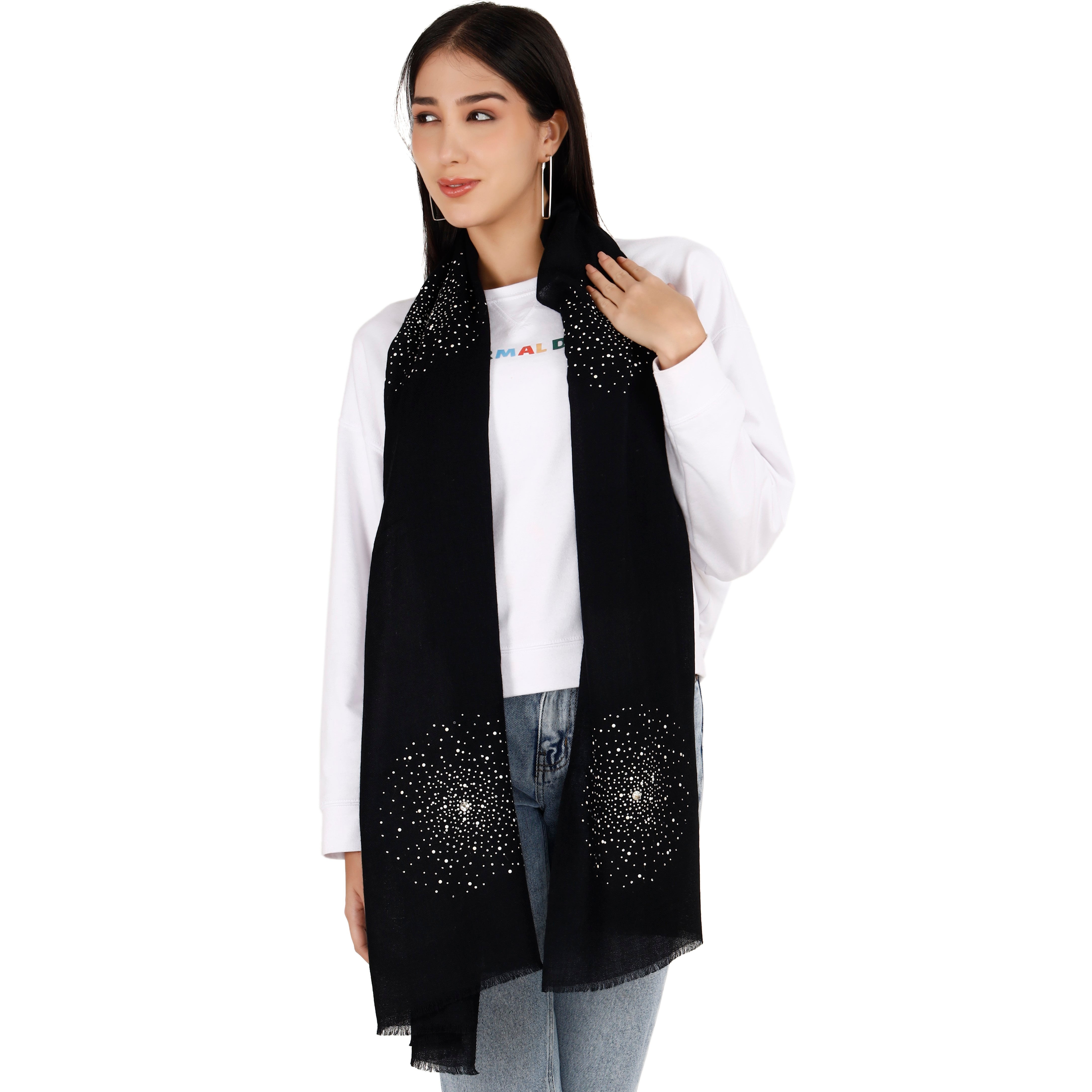 Black Large Pashmina Shawl with Crystal Beads Burst Design
