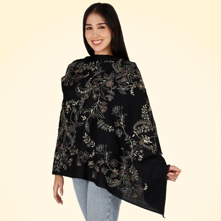 Large Luxury Shawl with Shiny Thread Embroidery - TCG London