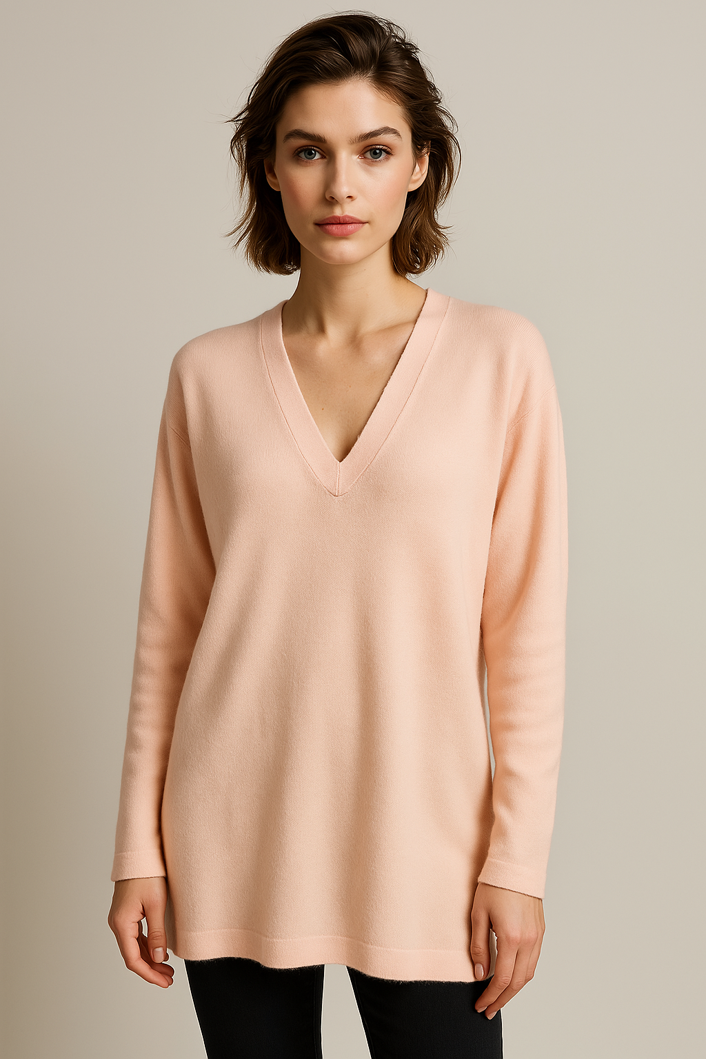 Loose Fit Cashmere V-Neck Long Tunic