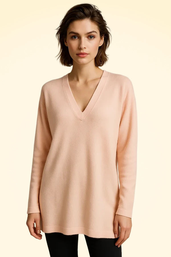 Loose Fit Cashmere V-Neck Long Tunic