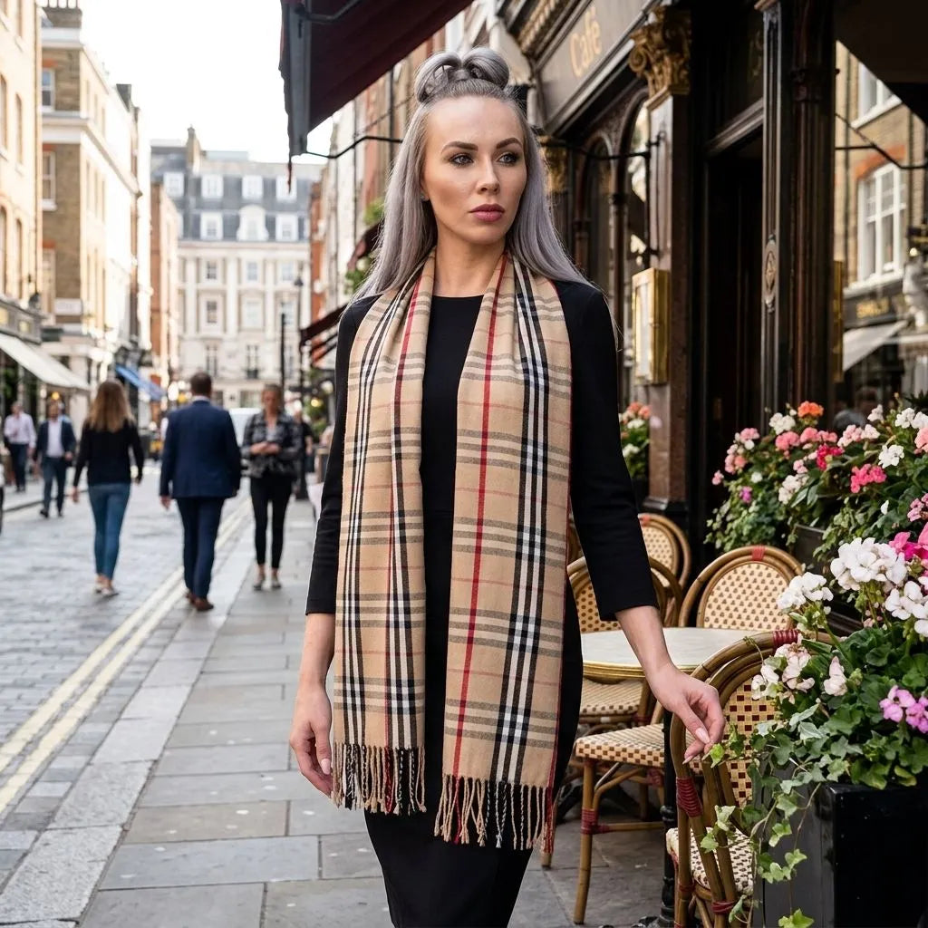 Elegant model wearing Camel Thomson Pashmina Scarf with tartan pattern outdoors in golden hour, showcasing its soft, silky texture and stylish design.