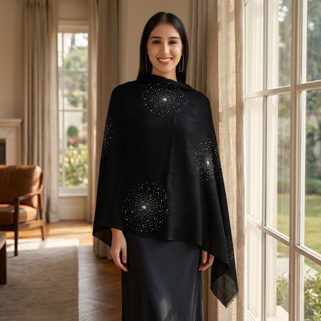 Model wearing embroidered pashmina shawl over dress by large window in luxury home, showcasing delicate embroidery and drape.