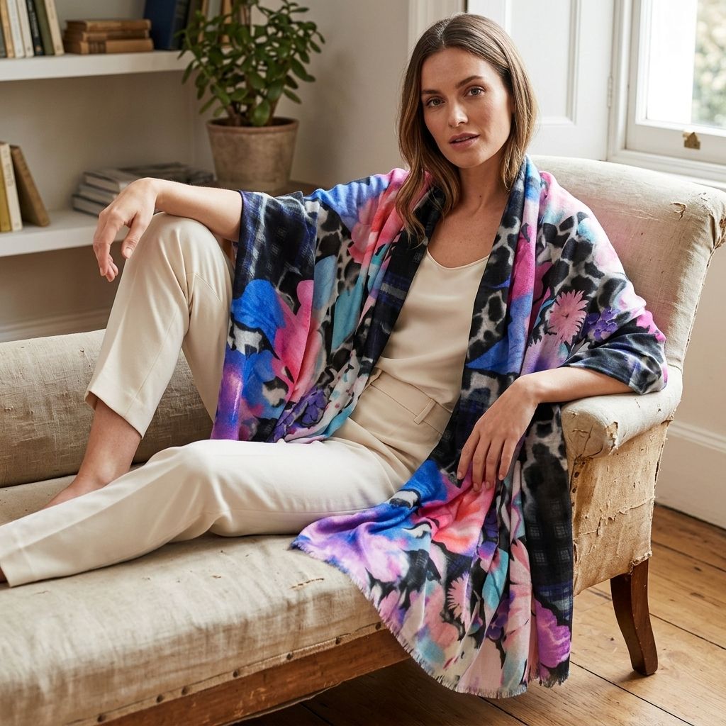 Model wearing Pashmina Cashmere Printed Large Shawl wrapped around shoulders, sitting on a vintage chaise lounge in a sunlit living room showing its size and vibrant print.