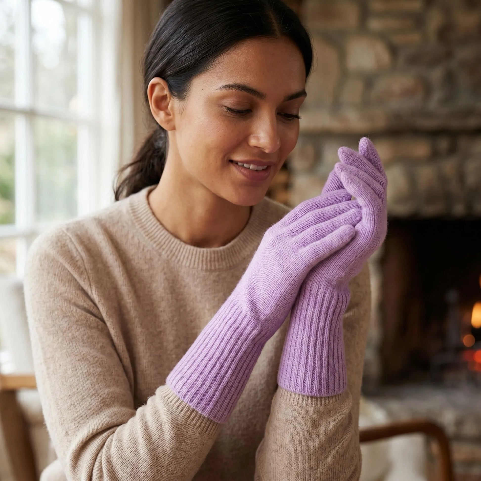 Model wearing Lilac Light Gloves with extended cuffs in a cozy winter setting, highlighting warmth and elegant style.