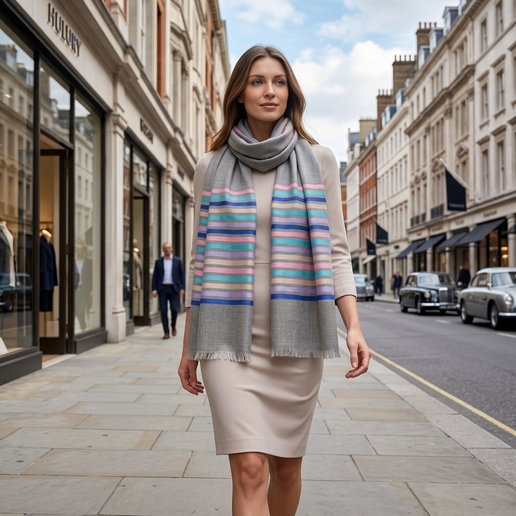 Elegant female model wearing an embroidered Pashmina cashmere shawl styled with a designer dress in London's Mayfair, showcasing luxury fashion.