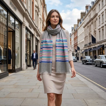 Elegant female model wearing an embroidered Pashmina cashmere shawl styled with a designer dress in London's Mayfair, showcasing luxury fashion.