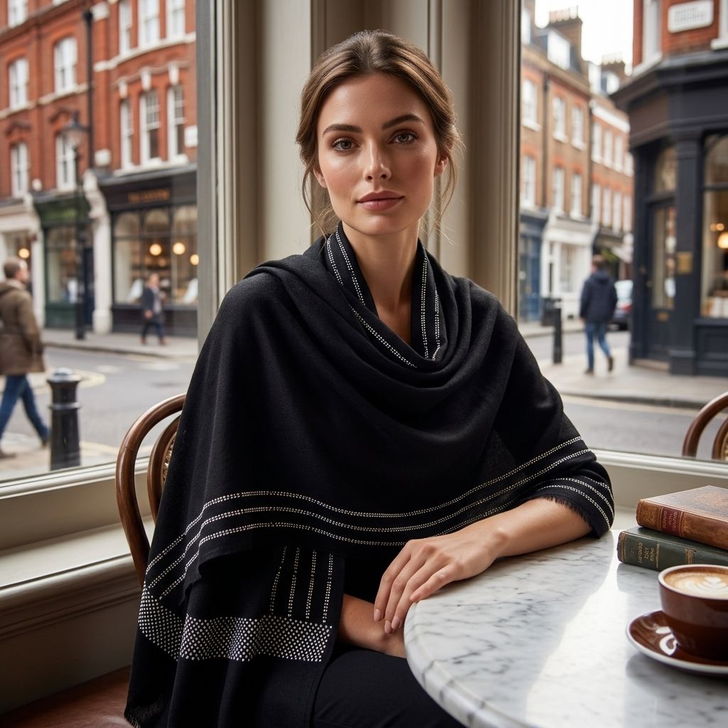 Elegant model wearing a handcrafted pashmina stole with hand-applied crystals, stylishly draped in a luxury café setting in London.