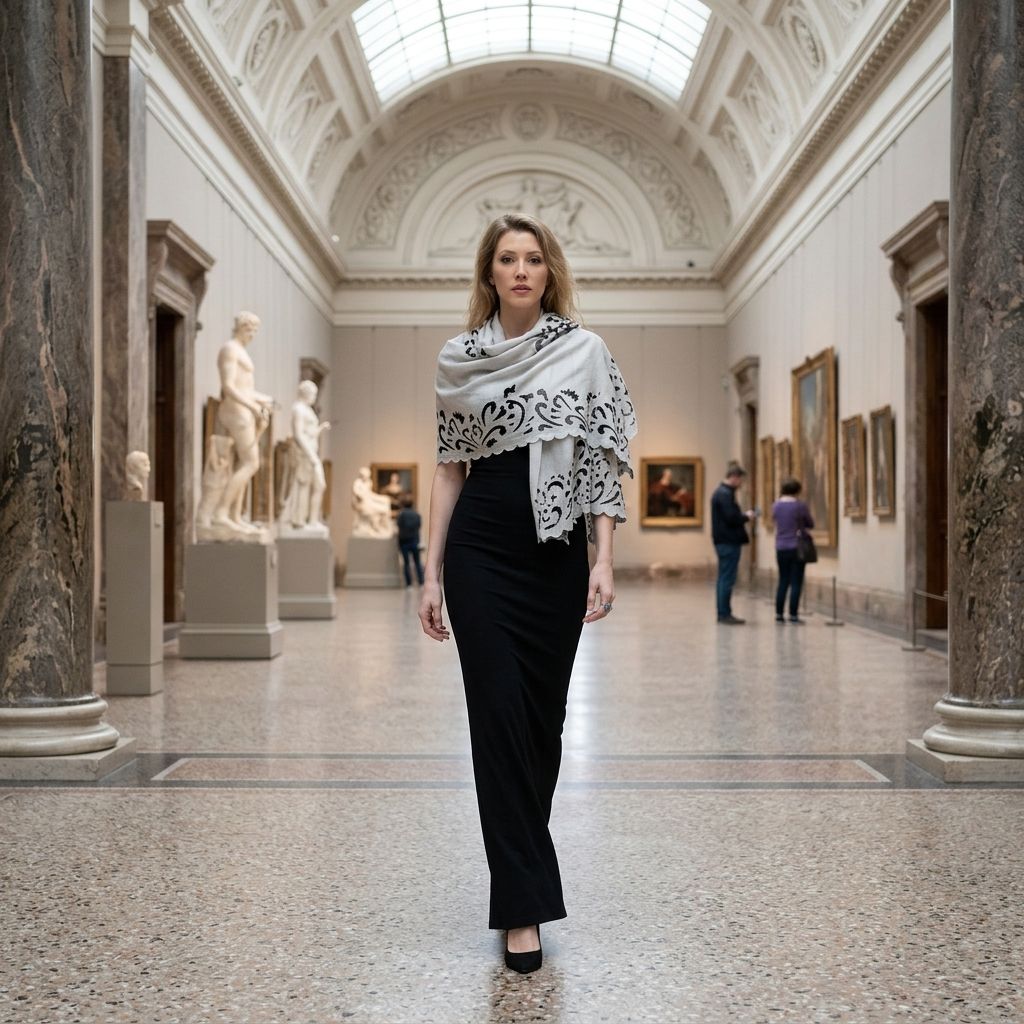 Sophisticated model showcasing embroidered pashmina cashmere shawl inside grand gallery with classical architecture and natural light.