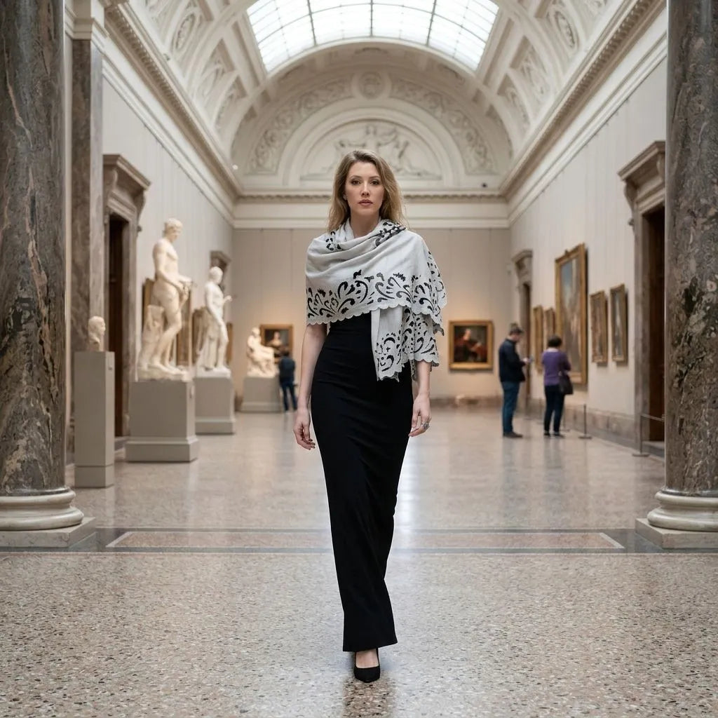Sophisticated model showcasing embroidered pashmina cashmere shawl inside grand gallery with classical architecture and natural light.
