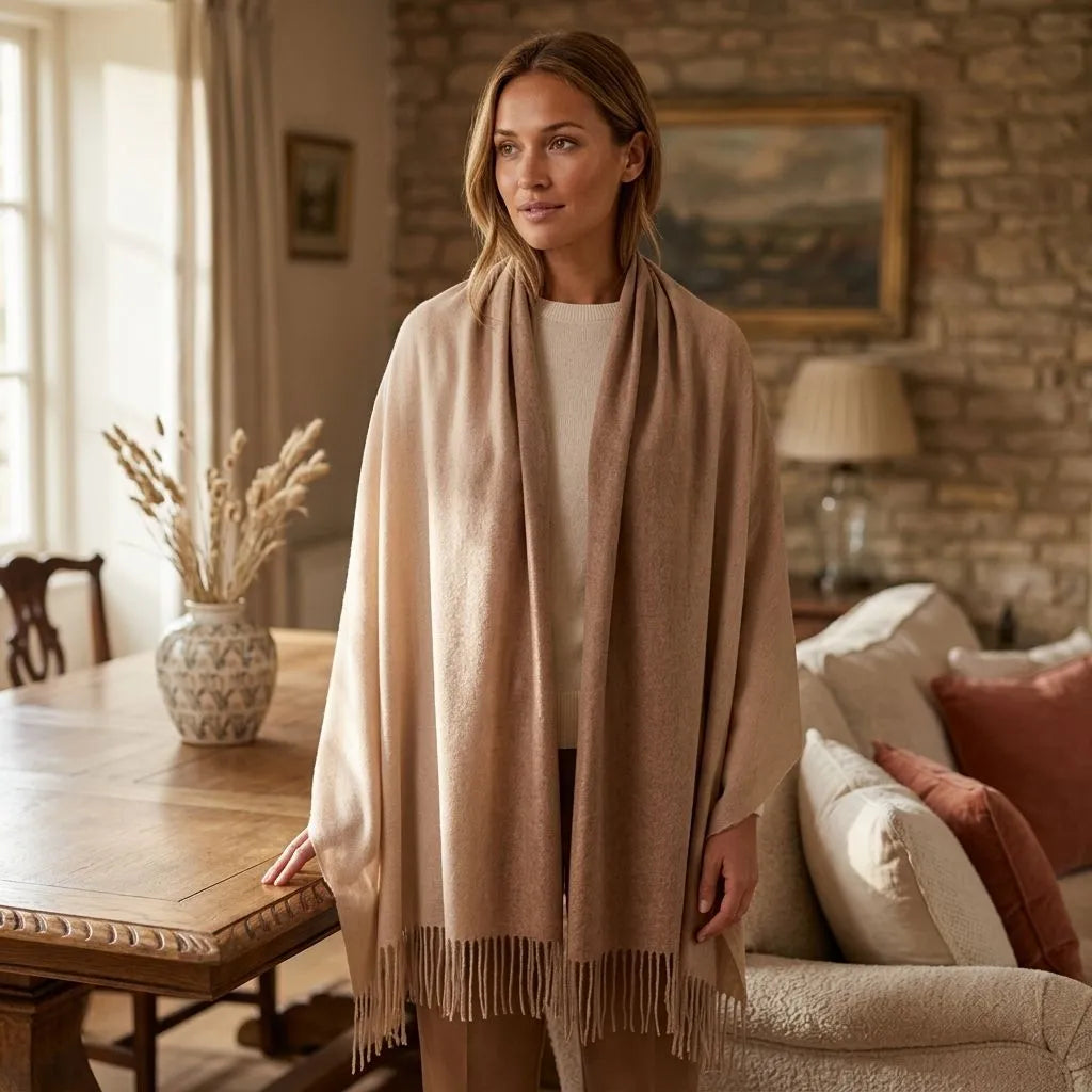 Model wearing large shaded pashmina cashmere stole wrapped around shoulders in a warm, rustic interior setting, highlighting its size and softness.