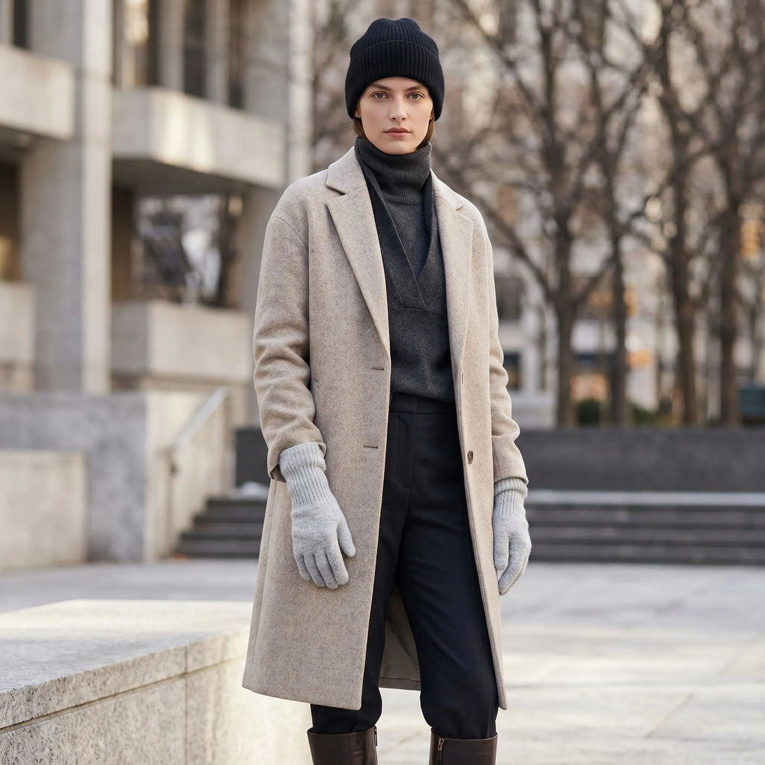 Model wearing light grey cashmere gloves with extended cuffs in a stylish winter urban setting.