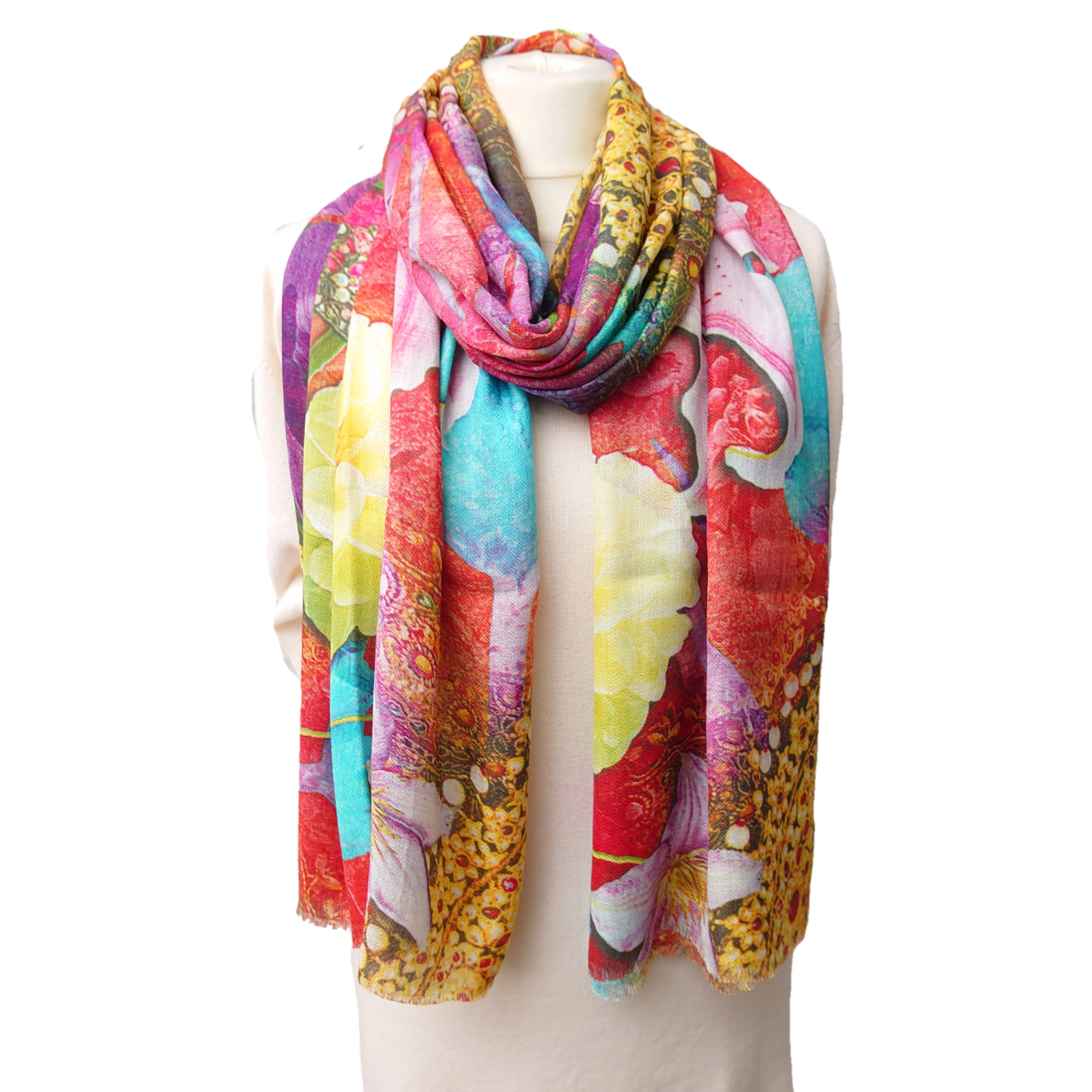 Printed Pashmina Stole - Red with Large Colourful Flowers - TCG London