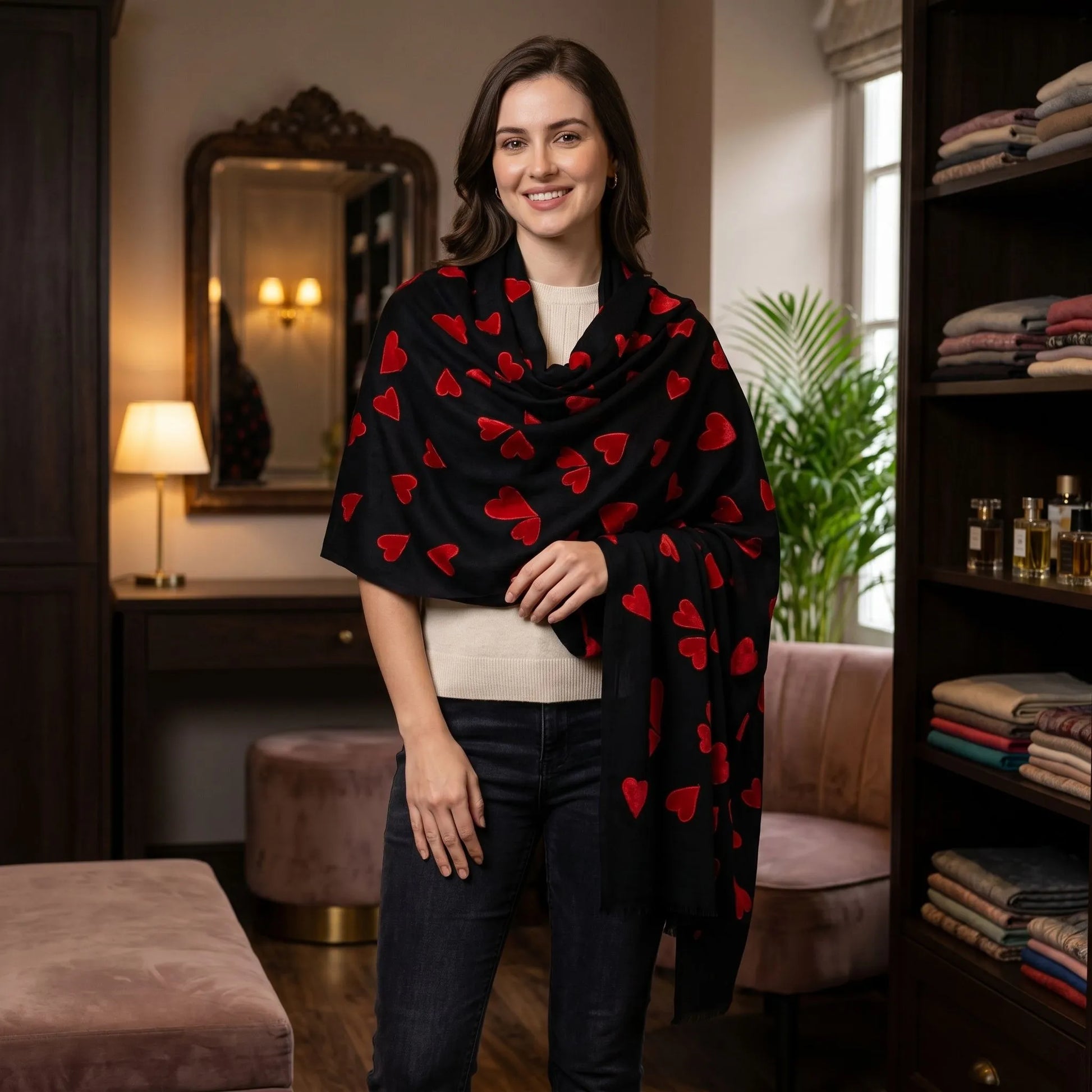 Full-body shot of woman in cozy indoor setting wearing large velvet hearts pashmina stole styled around her neck and shoulders.